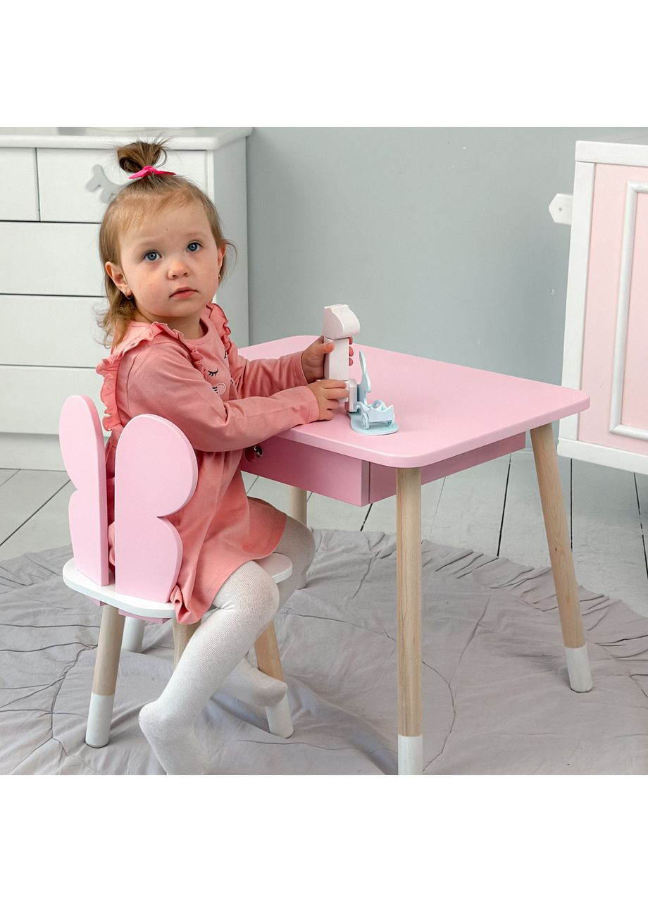 Стіл прямокутний з ящиком для речей 46х60х45 і стілець метелик 26х26х24, столик та стільчик в дитячу, рожевий з білим No Brand (335039865)