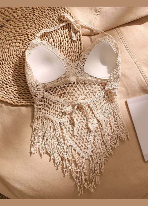 Топ вязаный на завязках с ажурным треугольником-сеткой бежевый S/M No Brand (338863567)