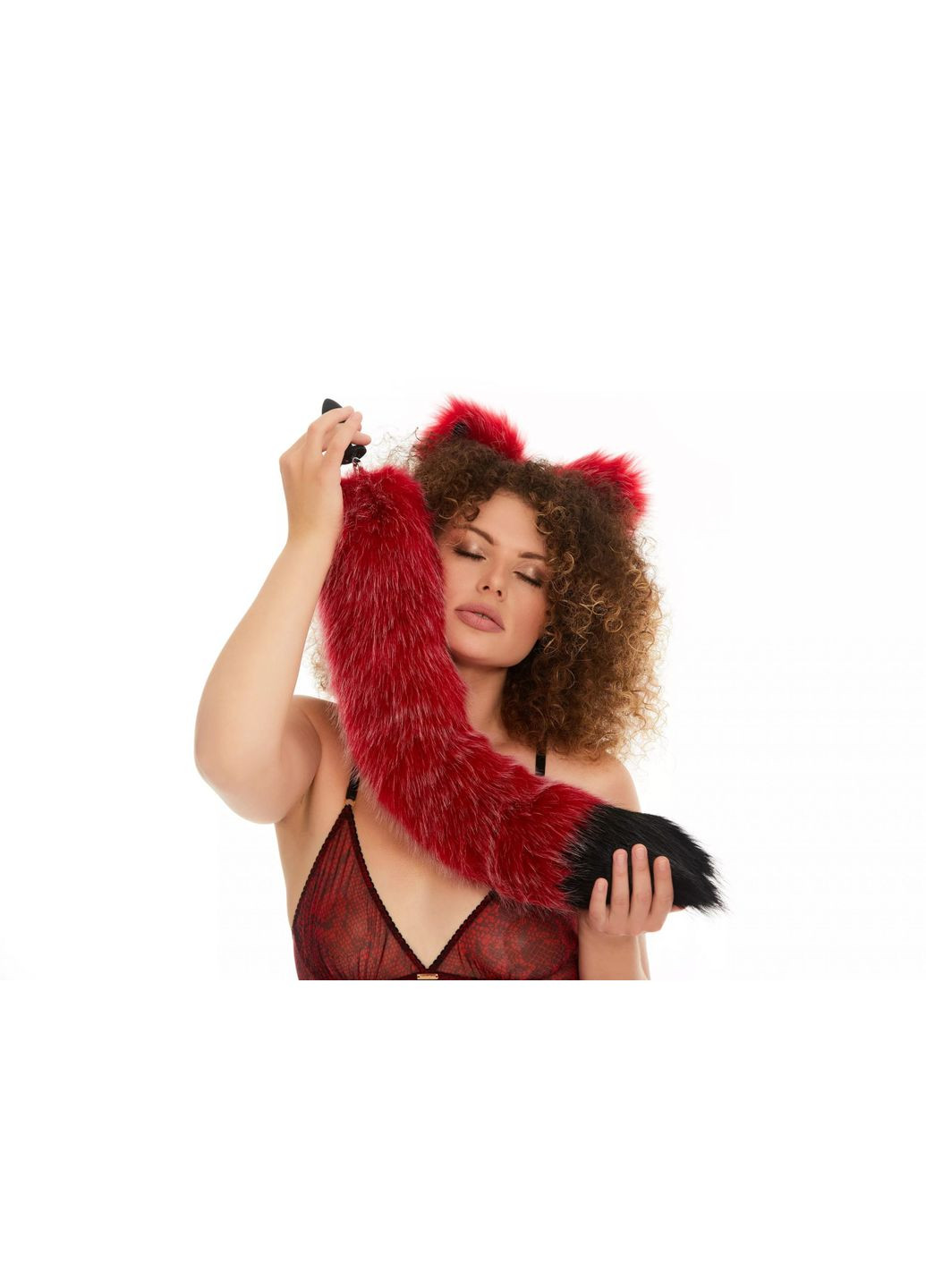 Анальный меховой хвост без пробки, Темно-красный с черным кончиком, 60 см. OKOVA (315148741)