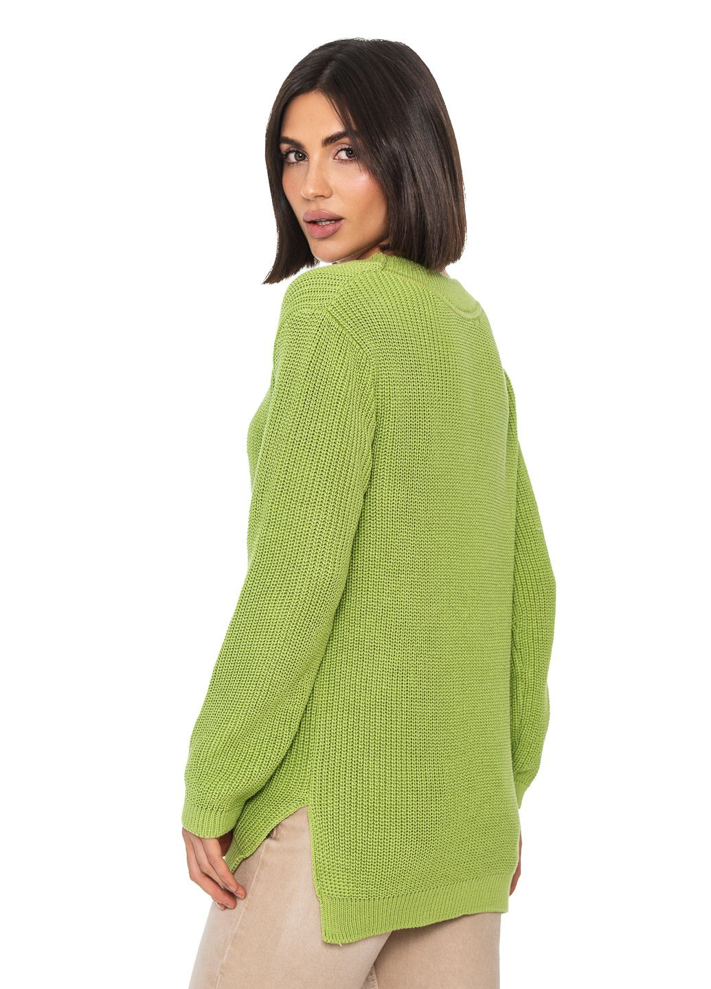 Салатовый женский хлопковый свитер с v-образным воротником SVTR