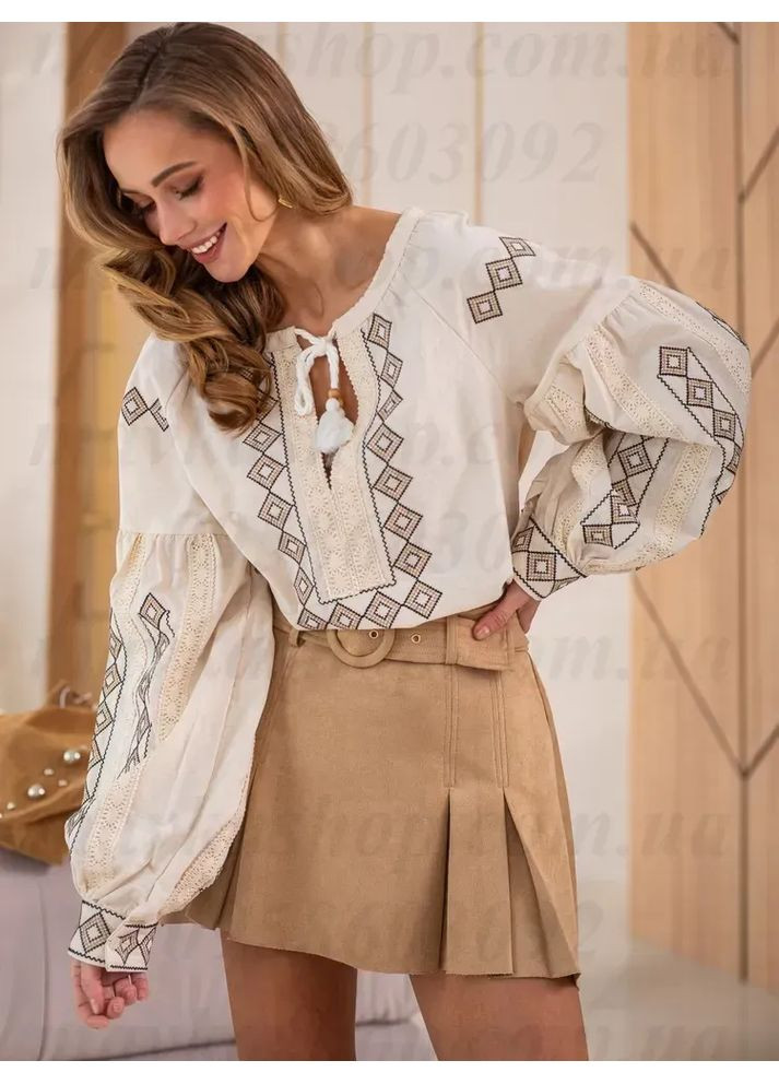 Бежева жіноча блузка вишиванка бежева з коричневою вишивкою та мереживом You Best (360640560)