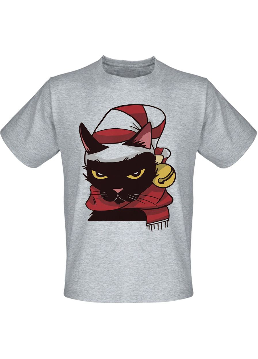 Серая футболка новогодняя angry cat christmas (меланж) Fat Cat