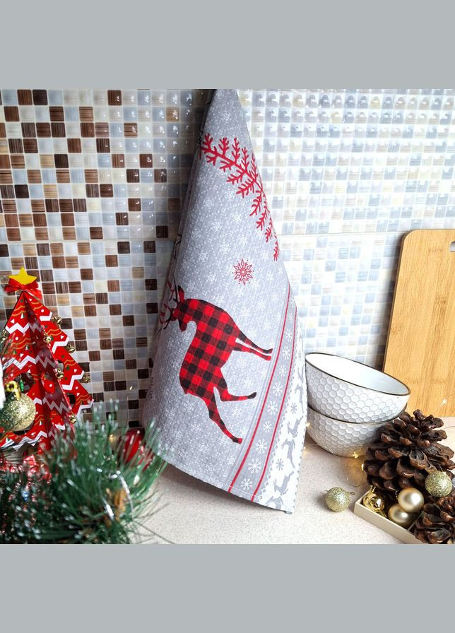 Кухонний рушник Winter Mood різдвяний вафельний 45х60 см сіро-червоний (2800004667227) SoundSleep сірий