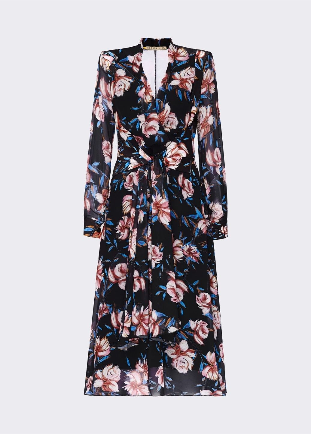 Черное праздничный шифоновое платье с цветочным принтом и лифом на запах черное клеш Dressa с цветочным принтом