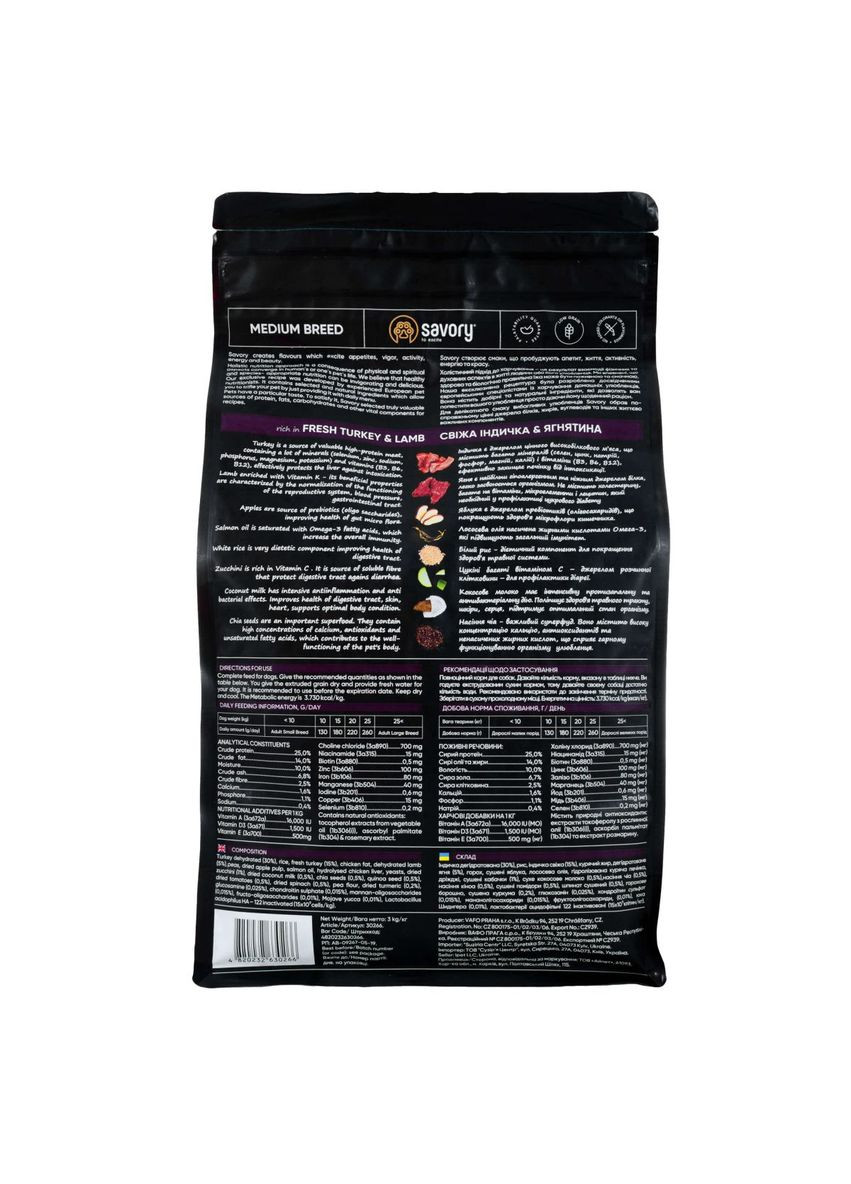 Корм для собак середніх порід Fresh Turkey and Lamb 1кг, з індичкою та ягнятком Savory (292258371)