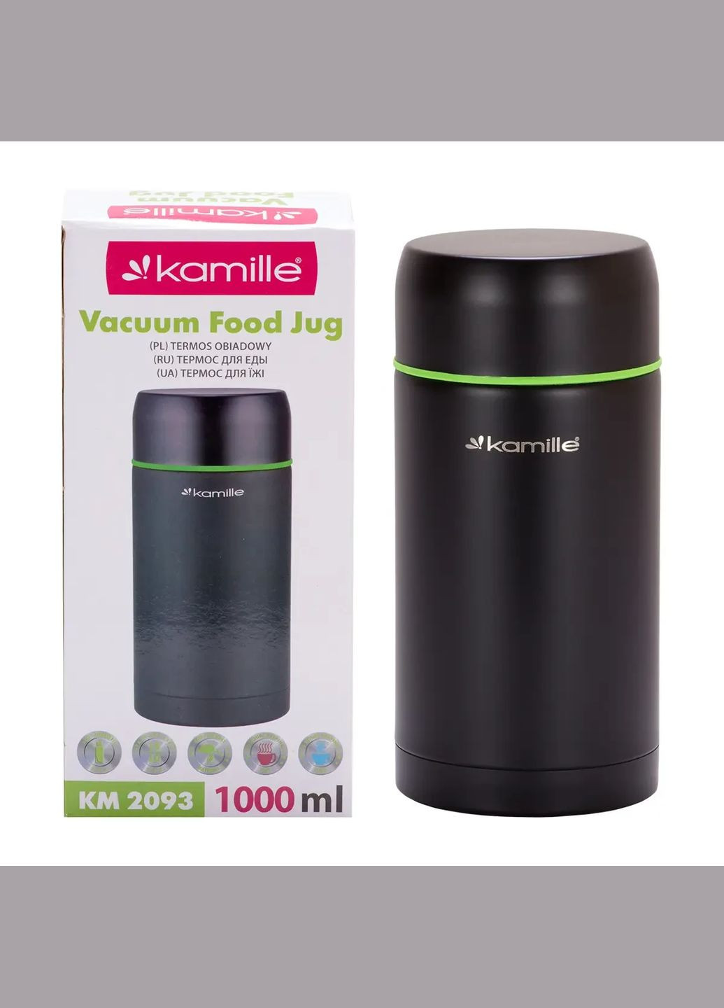 Термос харчовий 1000 мл з нержавіючої сталі Чорний Kamille (316259970)