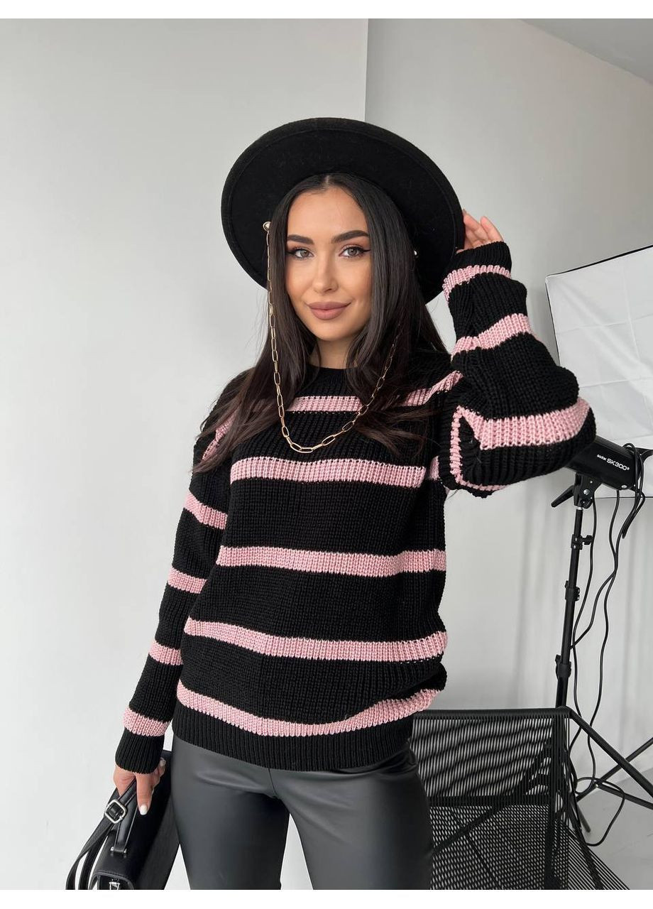 Черный демисезонный женский свитер в полоску джемпер No Brand