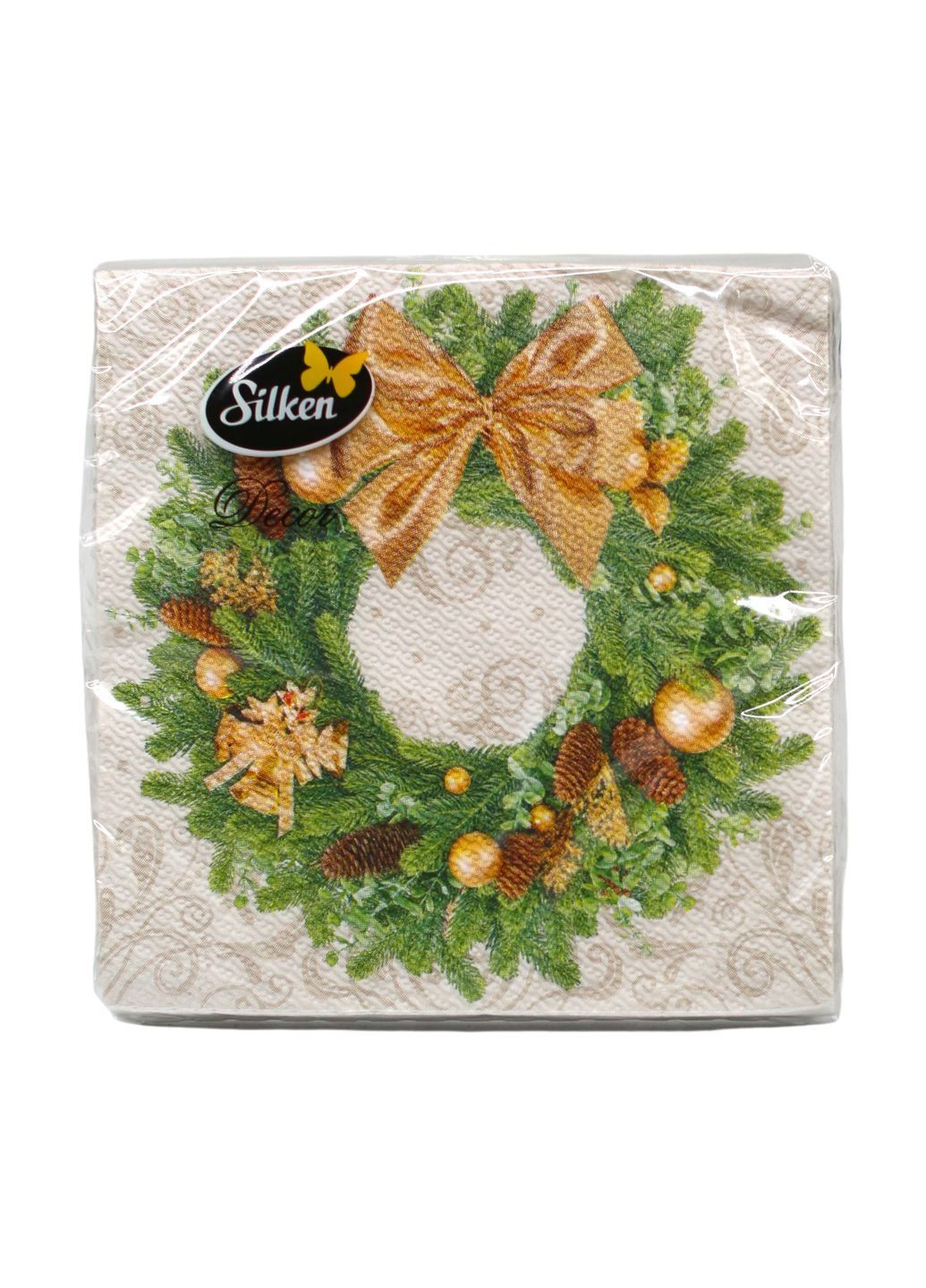 Серветки паперові новорічні “Віночок з прикрасами” 33×33 см 2 шари 12 шт Silken (368852275)