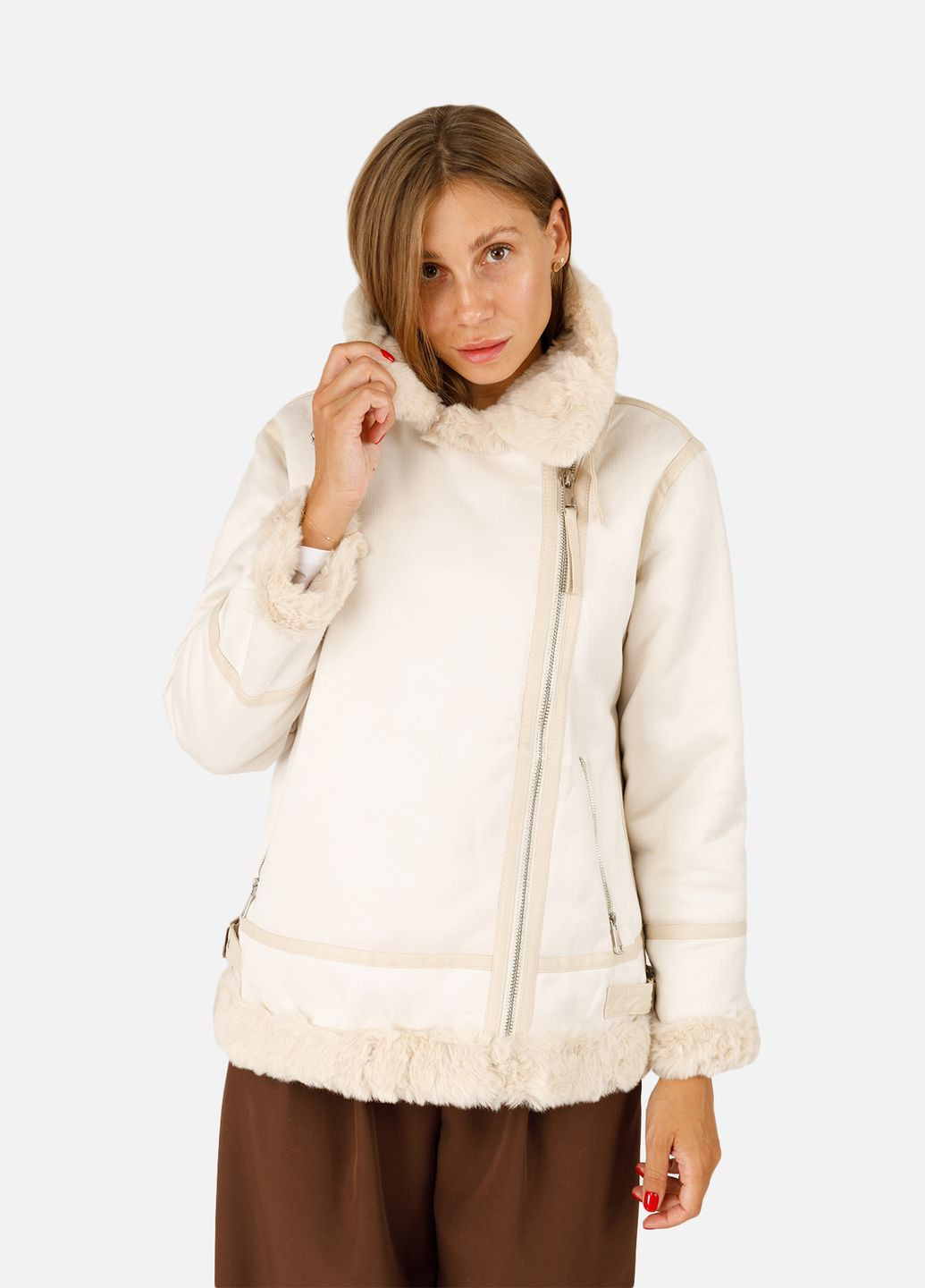 Молочная зимняя женская куртка косуха цвет молочный cb-00256292 No Brand