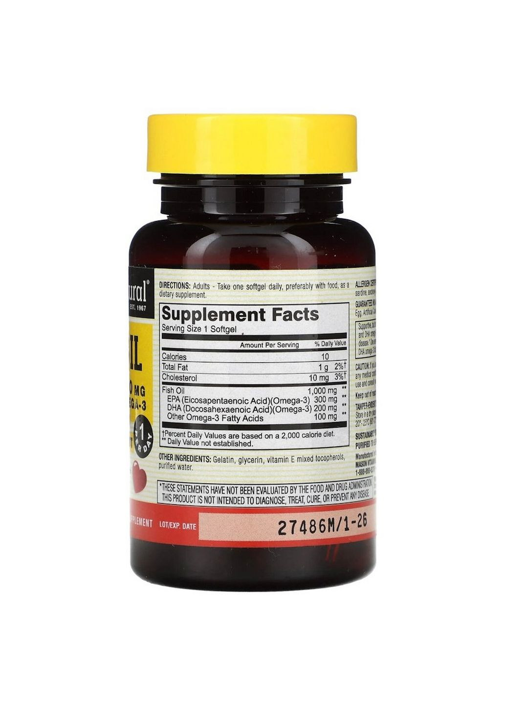Жирные кислоты Fish Oil 1000 mg Omega 600 mg, 30 капсул Mason Natural (293481548)