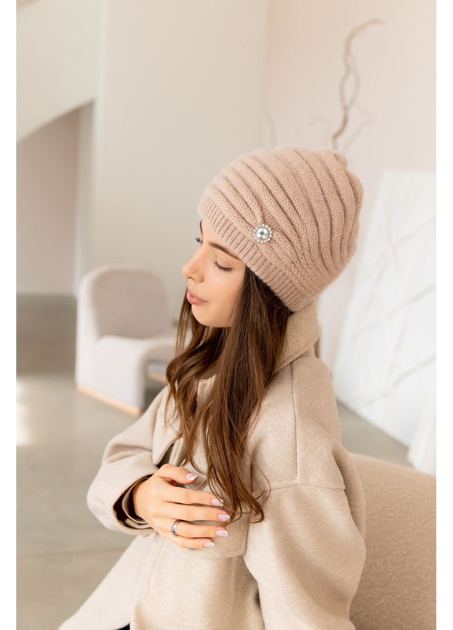 Жіноча зимова шапка «Валенсія» з ангори 80% подвійна з брошкою Бежевий No Brand (362098743)