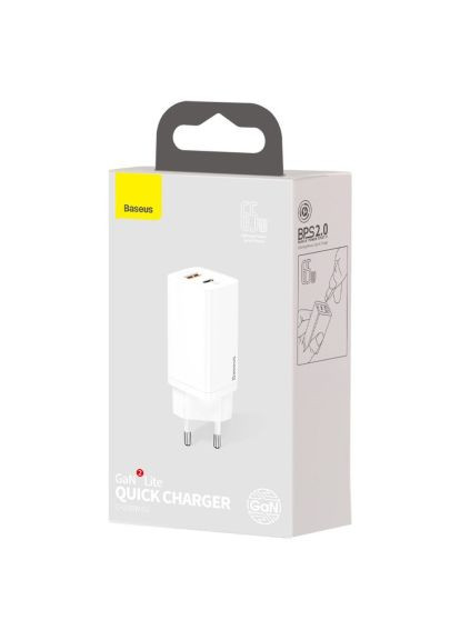 Зарядное устройство (CCGAN2L-B02) Baseus 2xUSB 65W GaN (USB-C+USB-A) white (370014842)