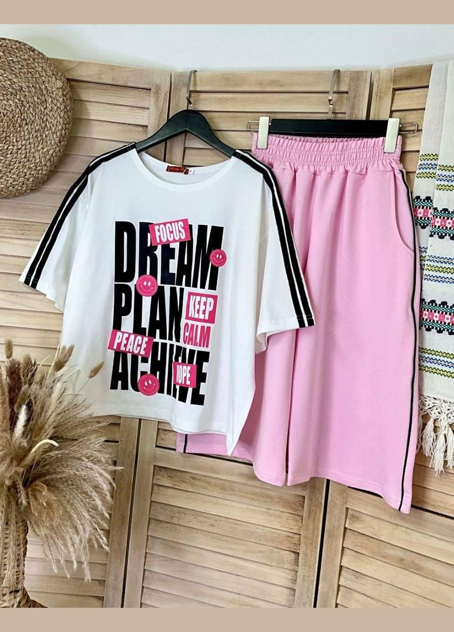 Пудровий літній костюм дитячий літній легкий із подовженими шортами для дівчинки 158-164 No Brand