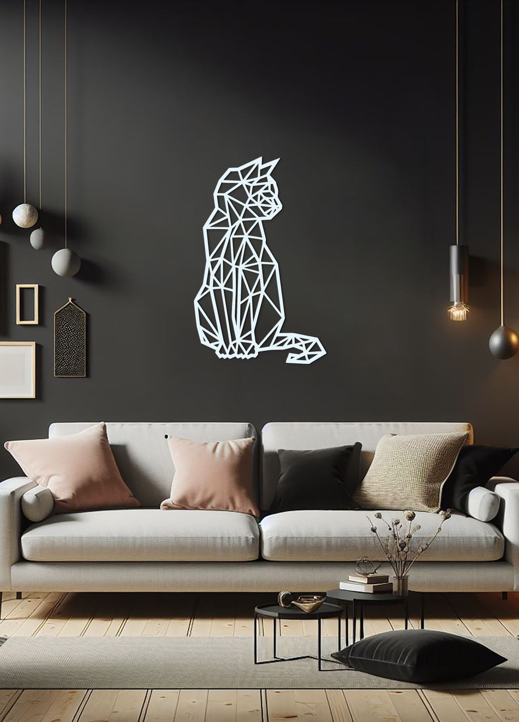 Настінний декор для дому, декоративне панно з дерева "Геометричний кіт", картина лофт 95х60 см Woodyard (292114122)