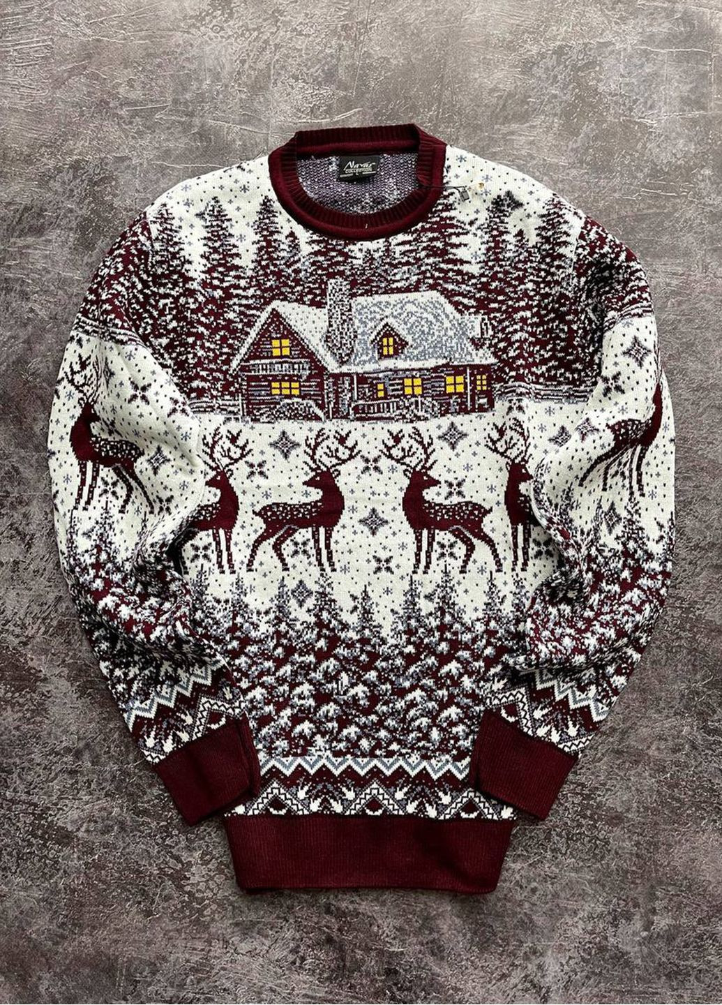 Бордовий зимовий чоловічий новорічний светр з оленями "big house" білий, під шию джемпер No Brand