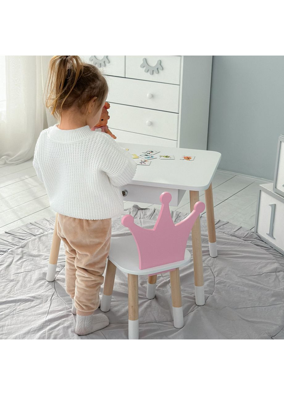 Детский столик и стульчик корона бело-розовый. Столик с ящиком для карандашей и раскрасок 56787 No Brand (363185898)