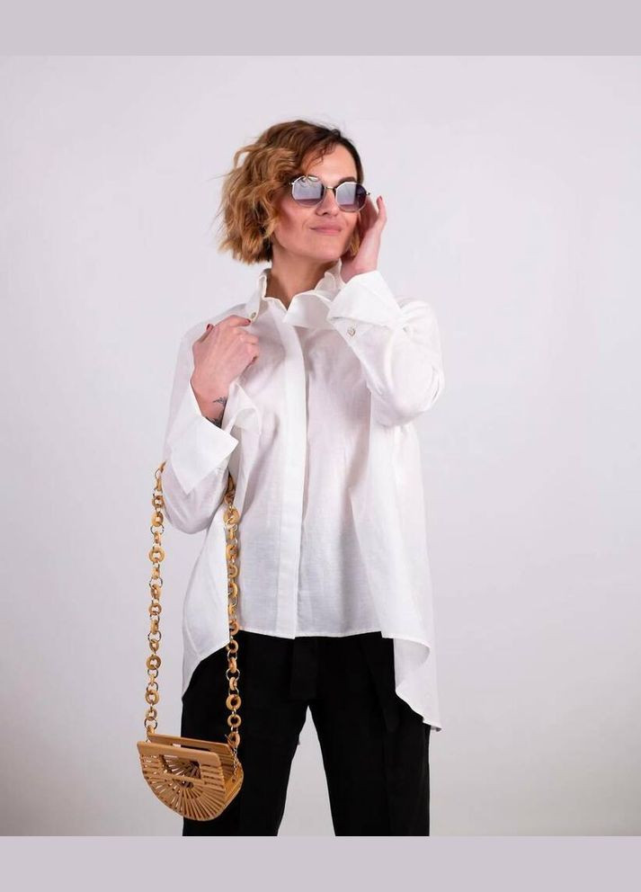 Біла блуза жіноча біла льон з бантом на спині mkks218-1 KAPTSOVA