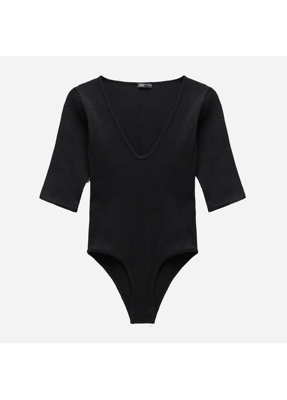 Базове чорне боді трикотаж в рубчик без застібки Zara (370348089)