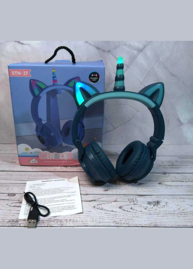 Бездротові дитячі Bluetooth навушники LED з котячими вушками Єдиноріг Сині No Brand stn-27 (294843381)