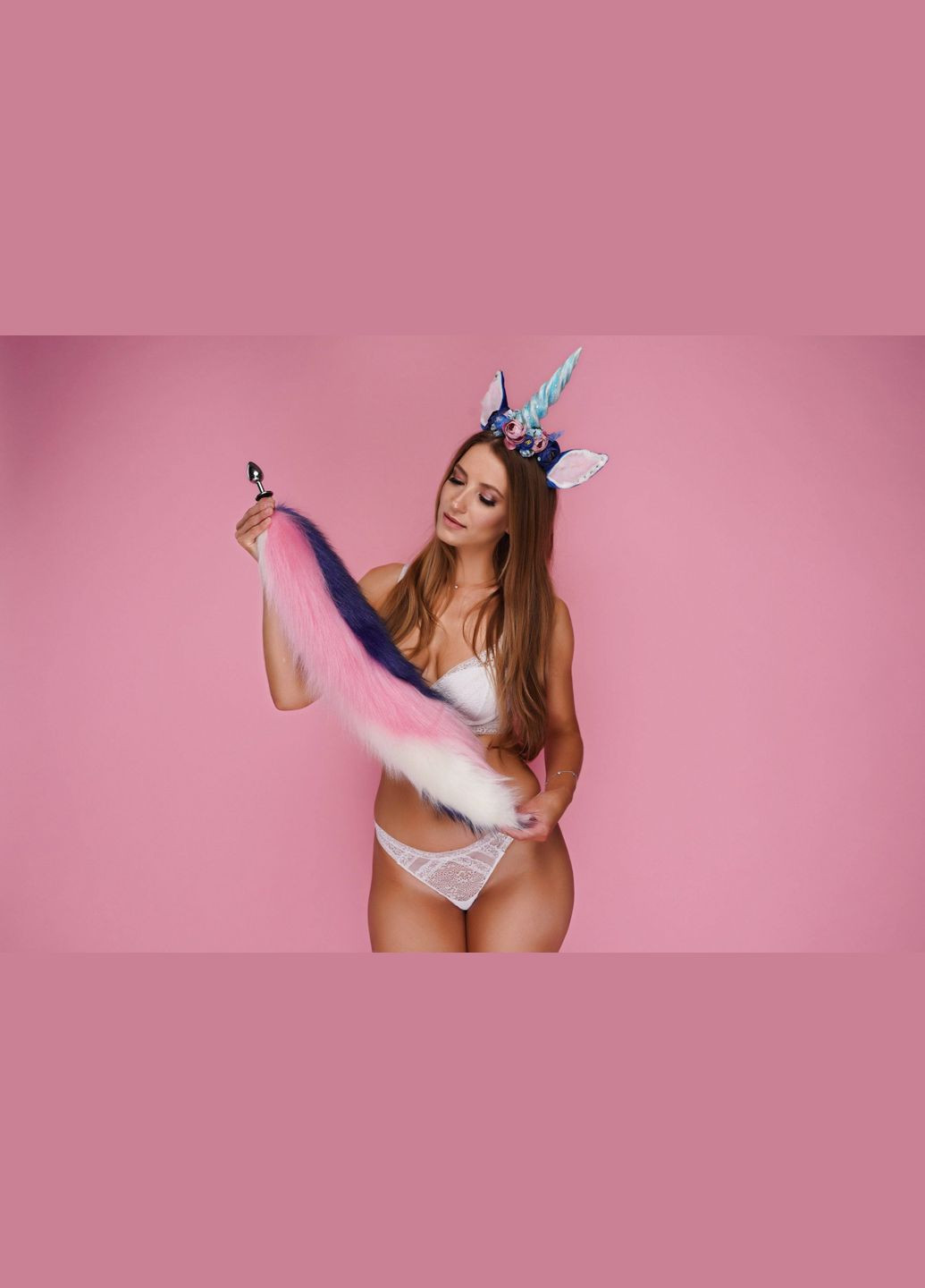 Анальный меховой хвост без пробки, Трехцветный: Синий, розовы, белый, 60 см. OKOVA (315148870)