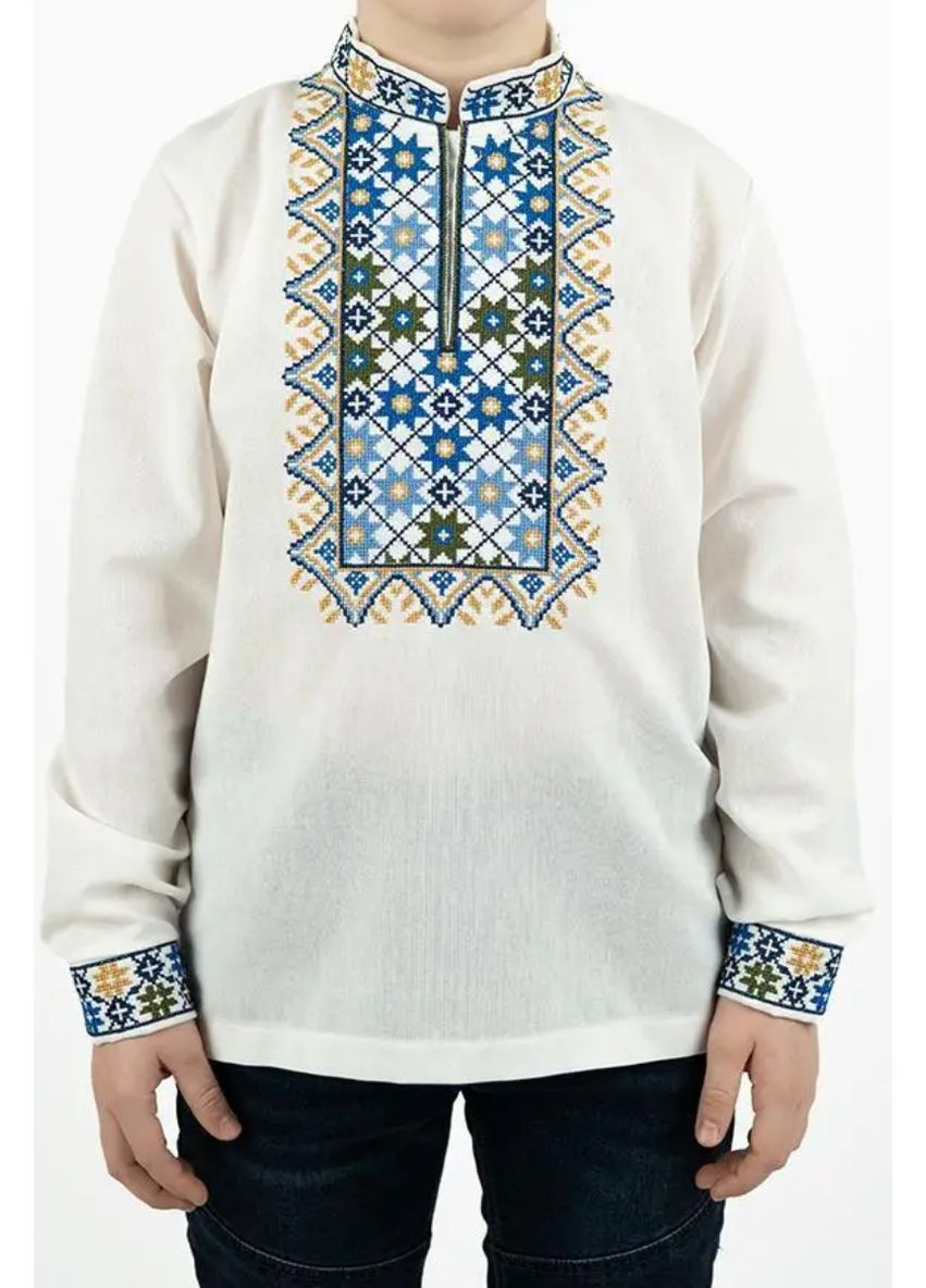 Белая рубашка вышиванка для мальчика лен молочная богатая вышивка 116 122 128 134 140 146 152 158 164 (366080093)