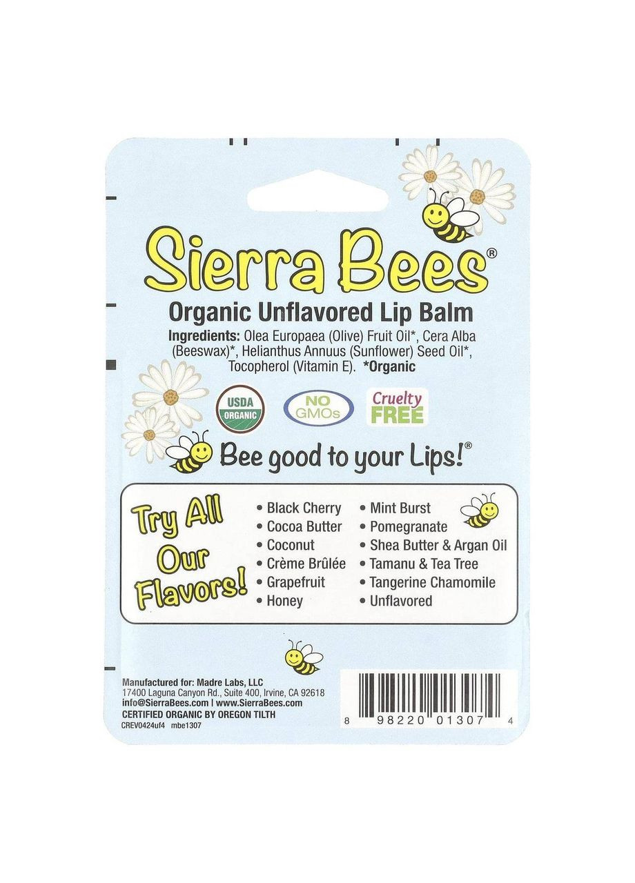 Органічні бальзами для губ, без ароматизаторів, 4 шт. по 4,25 г Sierra Bees (361858737)