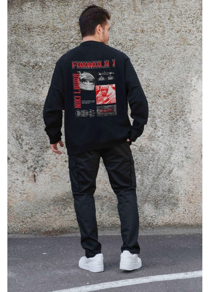 Черный утепленный оверсайз свитшот на флисе с принтом lauda black Without (362357818)