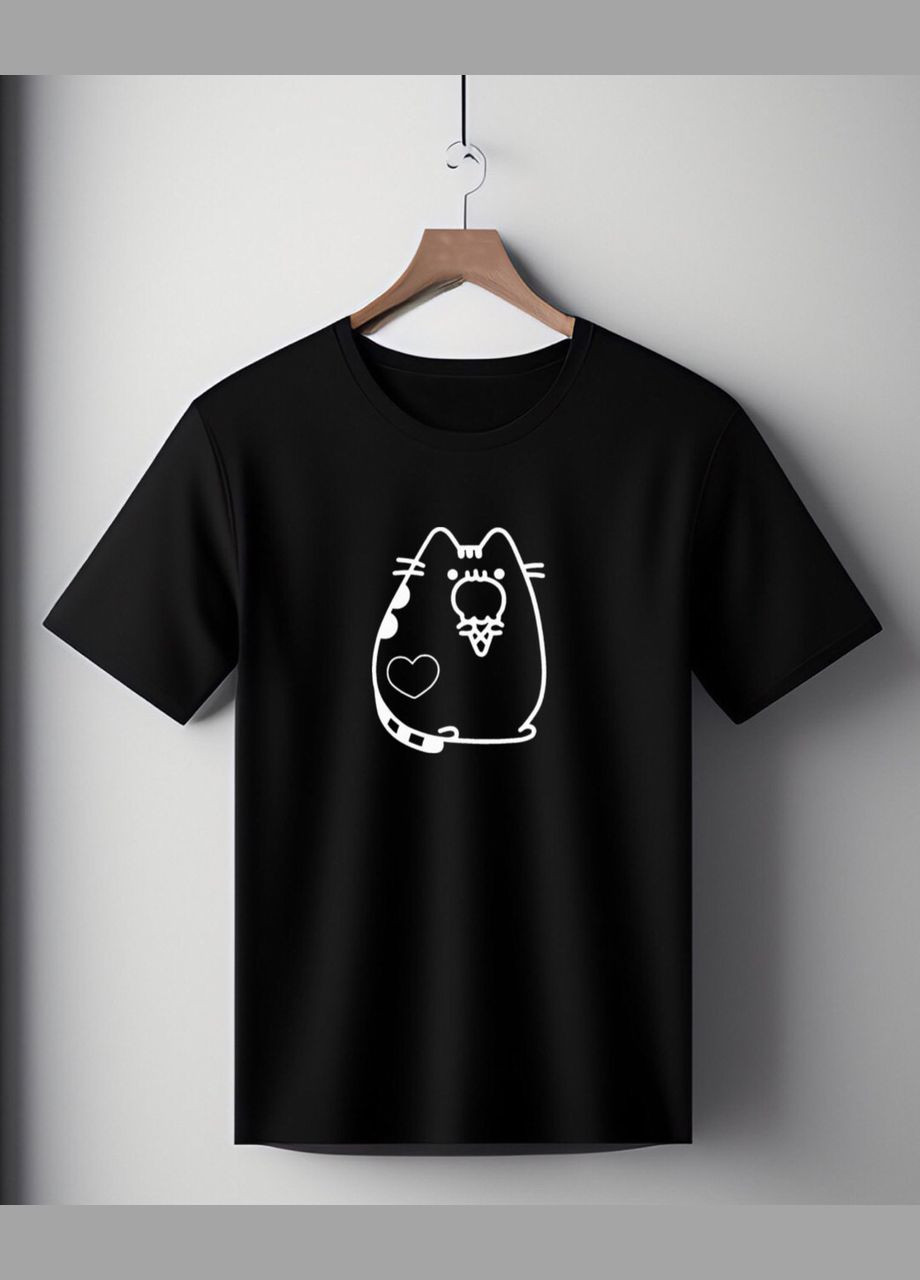 Футболка черная оверсайз унисекс с принтом "Кот Пушин с мороженым, Pusheen" Handmade (308245220)