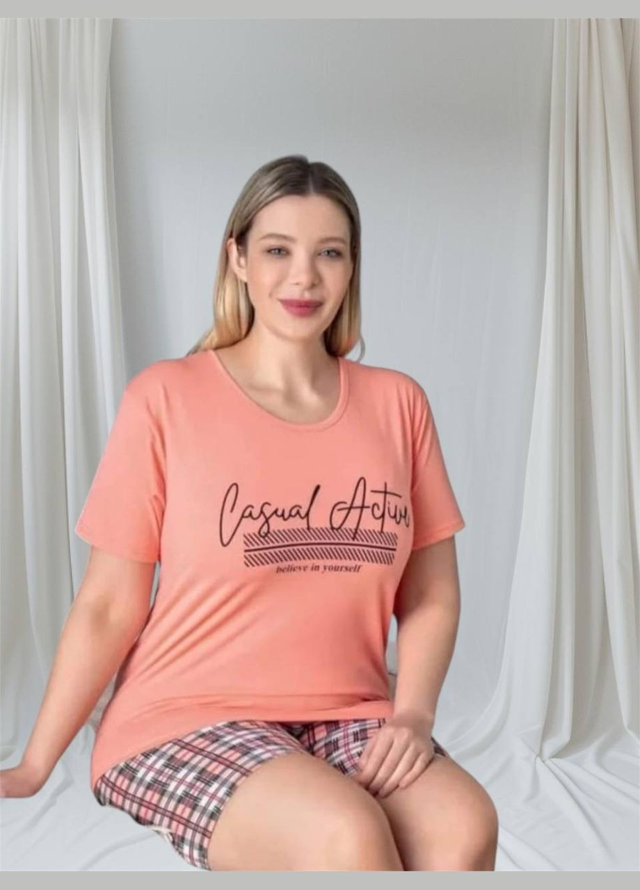 Коралловая всесезон женская пижама, домашний костюм футболка и шорты casual розовый котон Lana