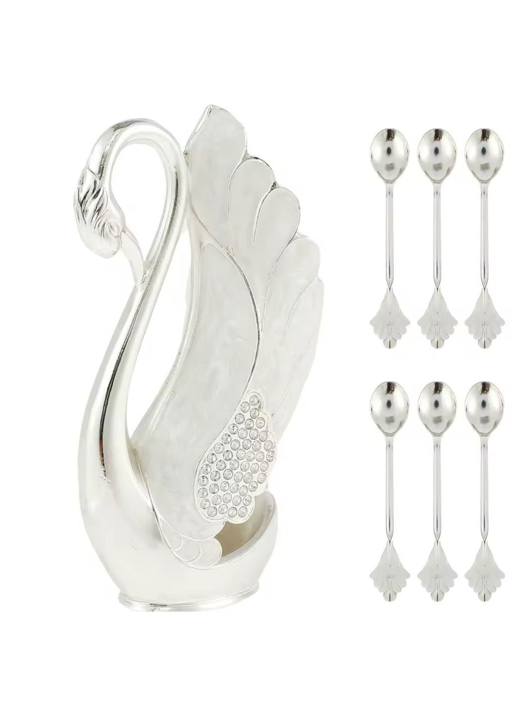 Набір з 6 кавових/чайних ложок та витонченої підставки у вигляді лебедя з імітацією перламутру Срібного кольору No Brand (336884610)