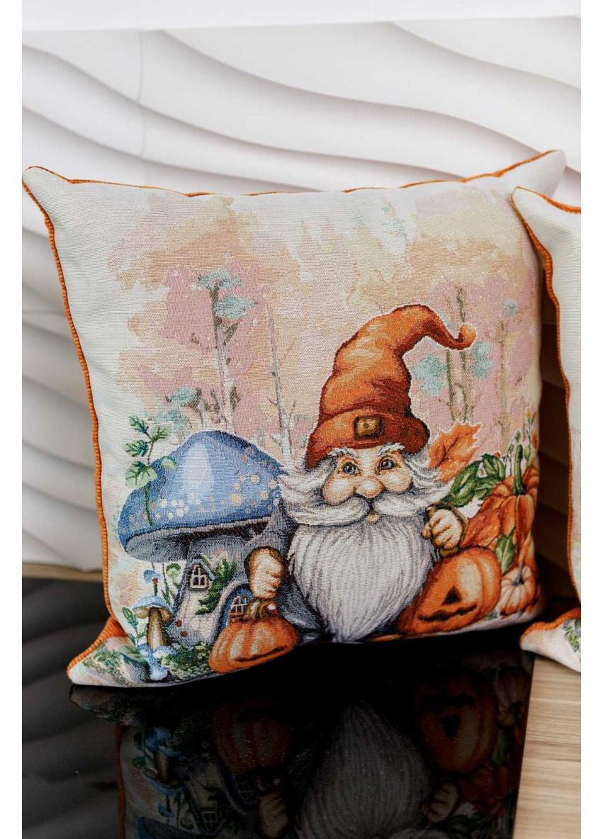 Декоративна подушка Гарбузові гноми з грибом 45х45 см стильний подарунок для дому та інтер'єру гобеленова подушка ProDobro (369377941)