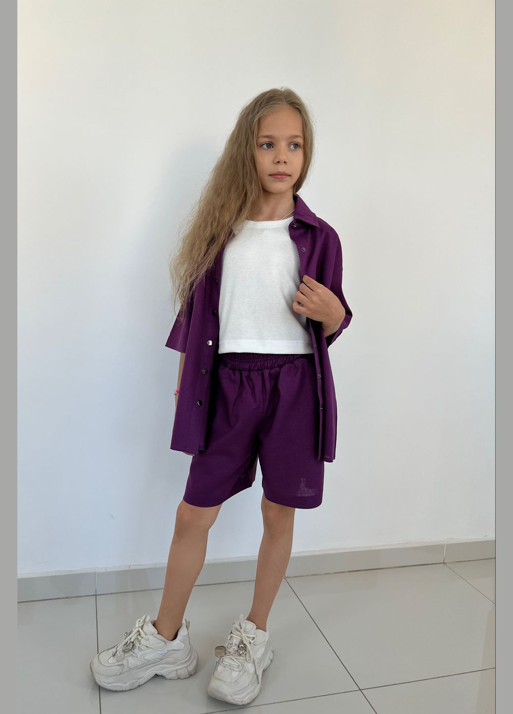Фиолетовый летний летний костюм 3ка для девочек с шортами, с рубашкой, тройка No Brand