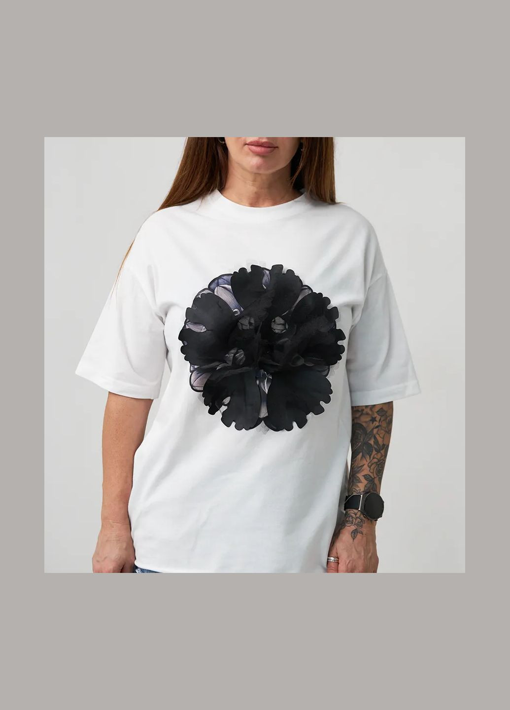 Футболка женская оверсайз "Большой цветок" белого цвета (1111L926) No Brand - (335811531)