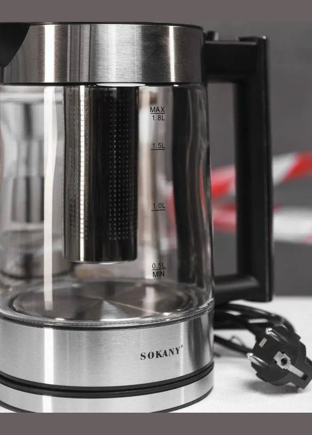 Электрочайник SK-09062 стеклянный/металлический дисковый чайник с подсветкой 1.8л 1800Вт Черный/Сталь Sokany (325683746)