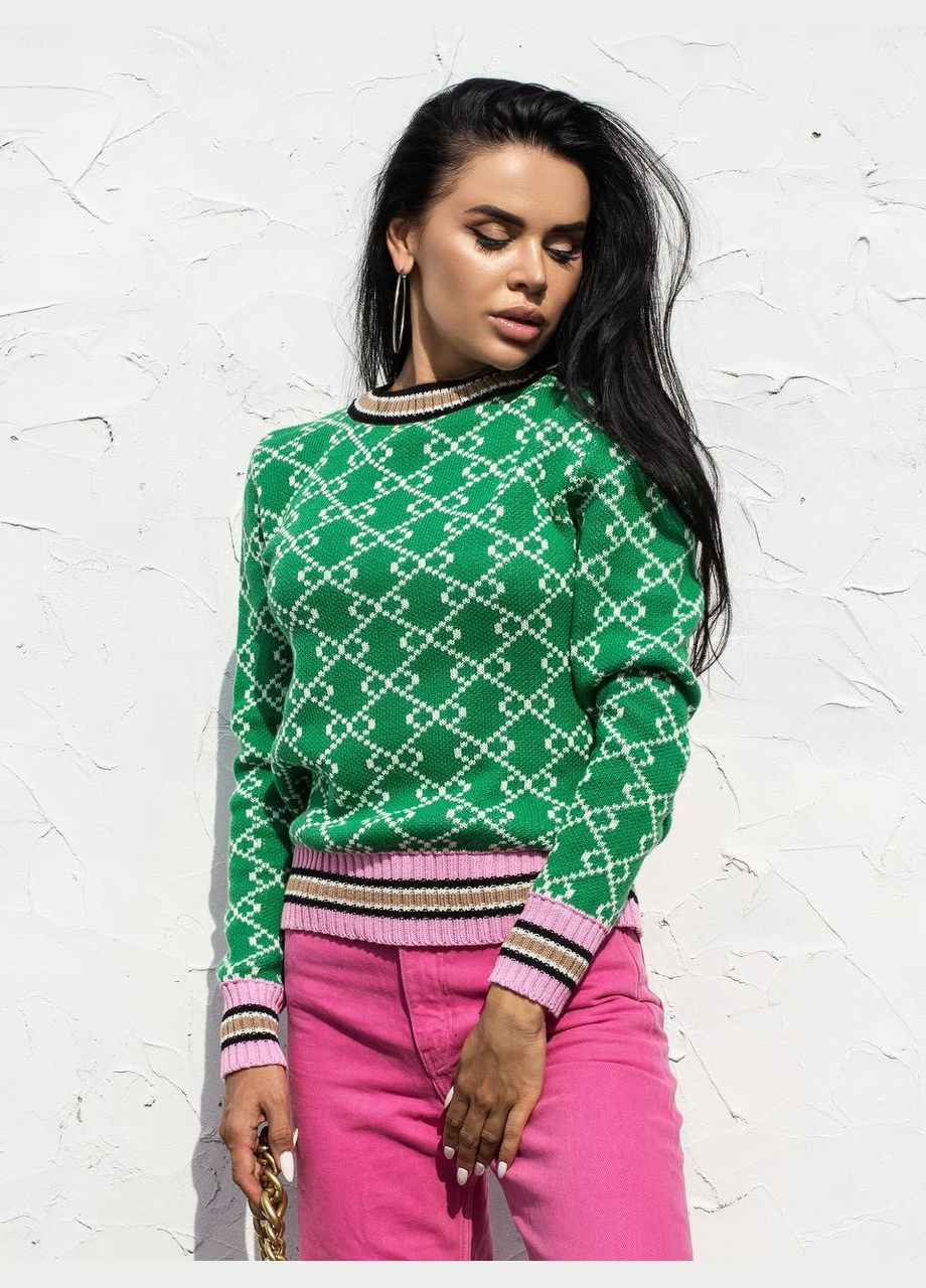 Женский свитер из хлопка зеленого цвета с узором 396897 New Trend (285711805)
