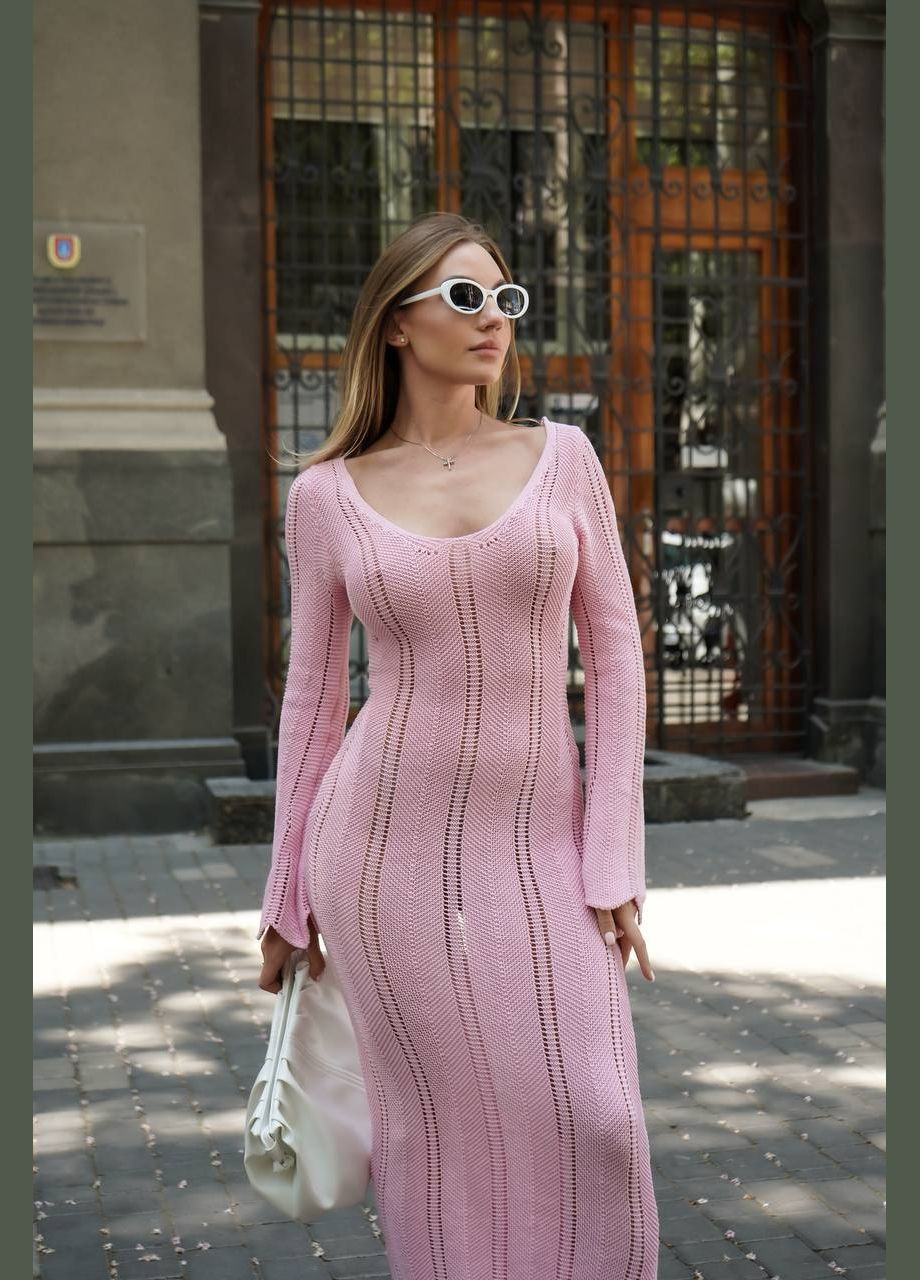 Розовое кэжуал женское вязаное платье макси с длинными рукавами. MonCher