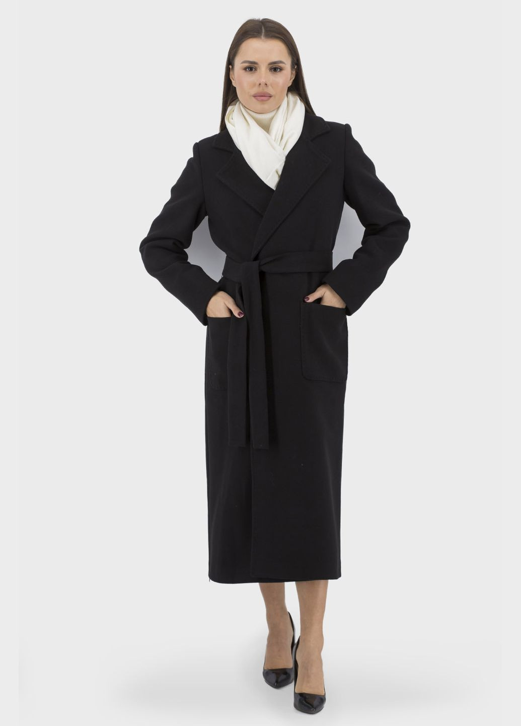 Чорне демісезонне Жіноче вовняне пальто на запах з поясом, без застібки, осінь/весна Kent (, ), 44368 No Brand