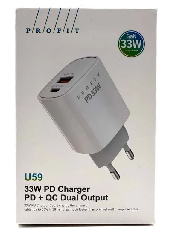 Блок живлення — зарядний адаптер U59 33 W 2 виходи USB + Type-C PROfit (300176598)