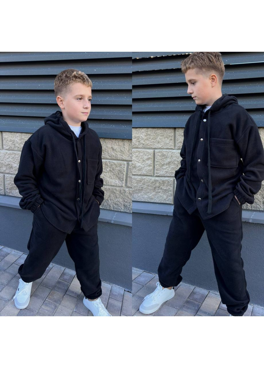 Черный костюм для мальчиков флис полар двухсторонний полированный,рубашка на кнопках с капюшоном и брюки Україна