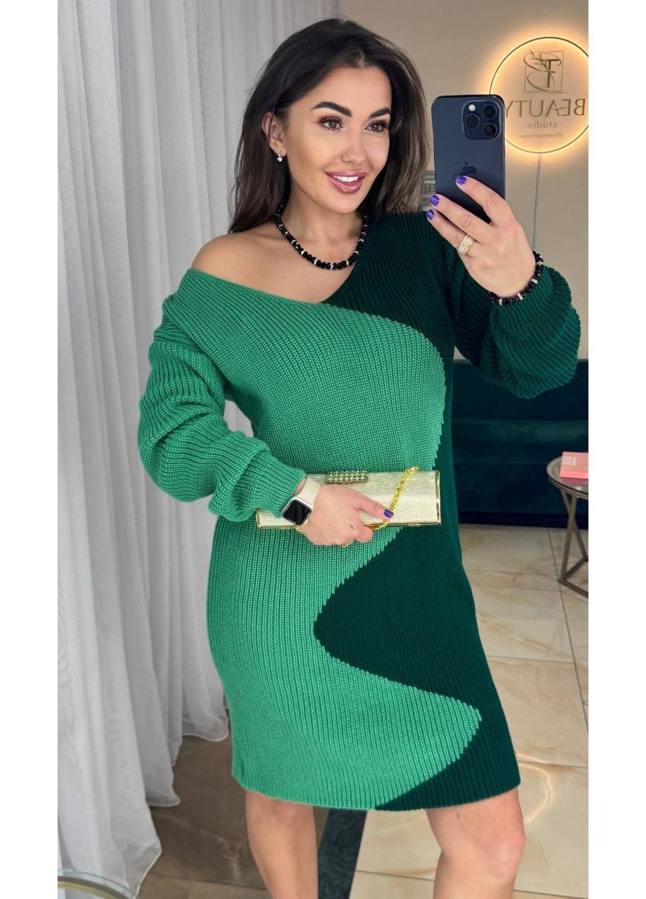 Смарагдова святковий, повсякденний, кежуал жіноча в'язана сукня двоколірна No Brand колор блок