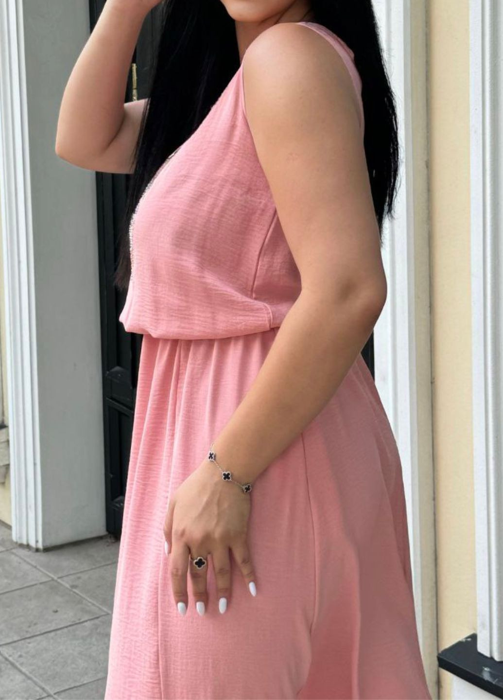 Розовое повседневный изысканное легкое повседневное летнее меди платье без рукавов с карманами и украшенное камешками Tik-Tak с рисунком