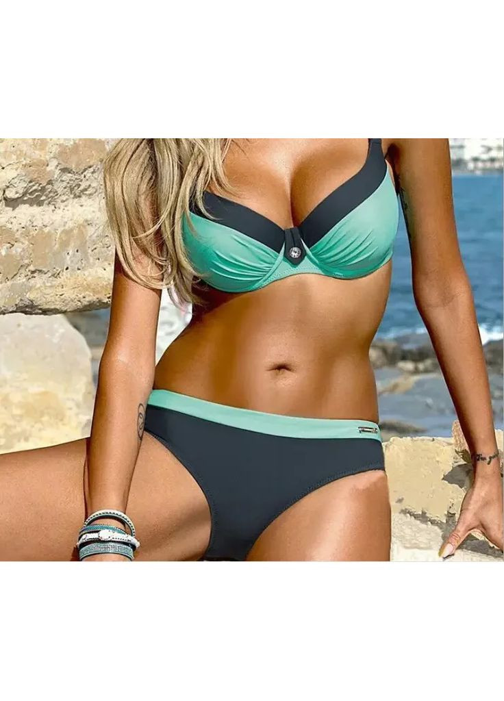 Бирюзовый летний раздельный купальник с жестким пушапом на косточках. China