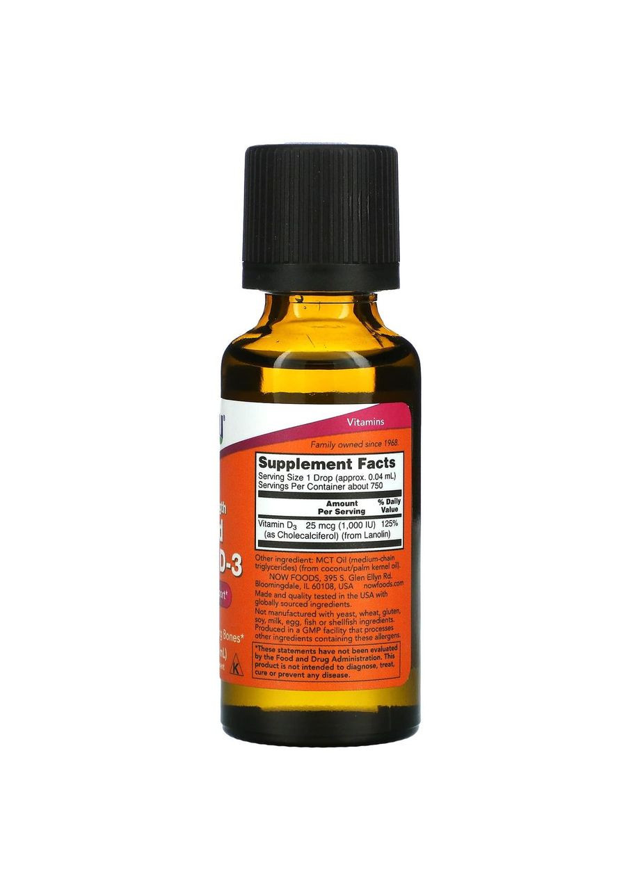 Вітамін D3 Vitamin D-3 1000 МЕ 30 мл Now Foods (359473848)