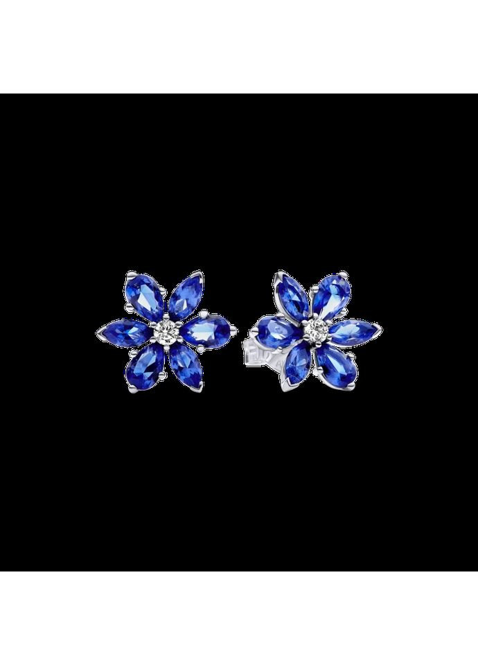 Серебряные серьги-кольца Пандора "Блестящий синий гербарий" 292407C01 Kabluchka (355344174)