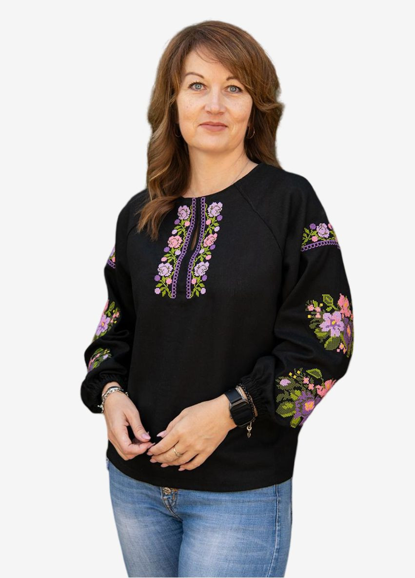 Чёрная женская вышиванка с цветами лен черная Україна лен (314809324)