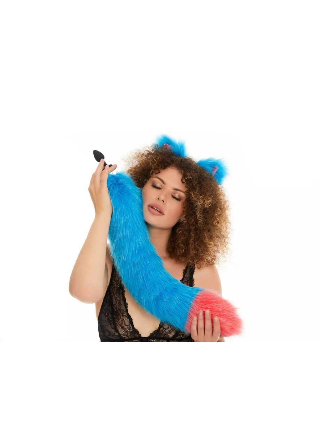 Анальний хутряний хвіст без пробки, Яскраво-голубий з яскраво-рожевим кінчиком, 60 см. OKOVA (315149293)