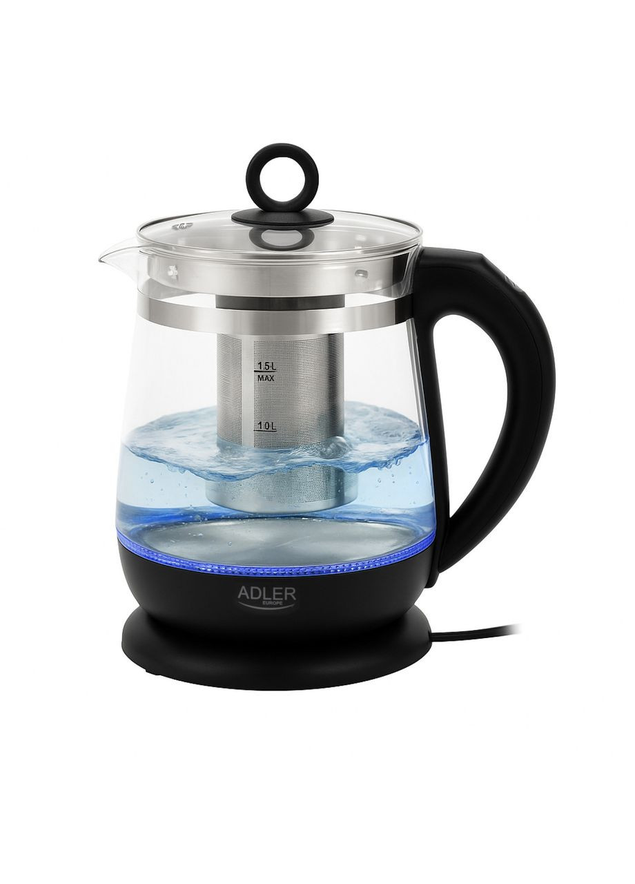 Стеклянный электрический чайник с заварником 1.5 л AD 1299 (2200 Вт, автовыключение, стильный) Черный Adler (366421984)