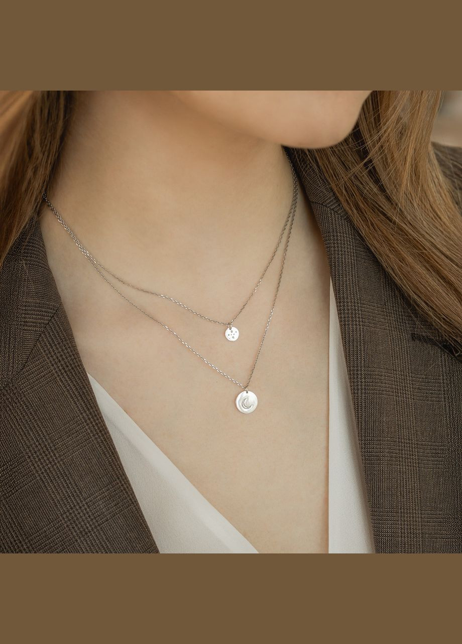 Кольє срібне подвійне Монетки з зірками та місяцем на ланцюжках без каміння Каштан (342334823)