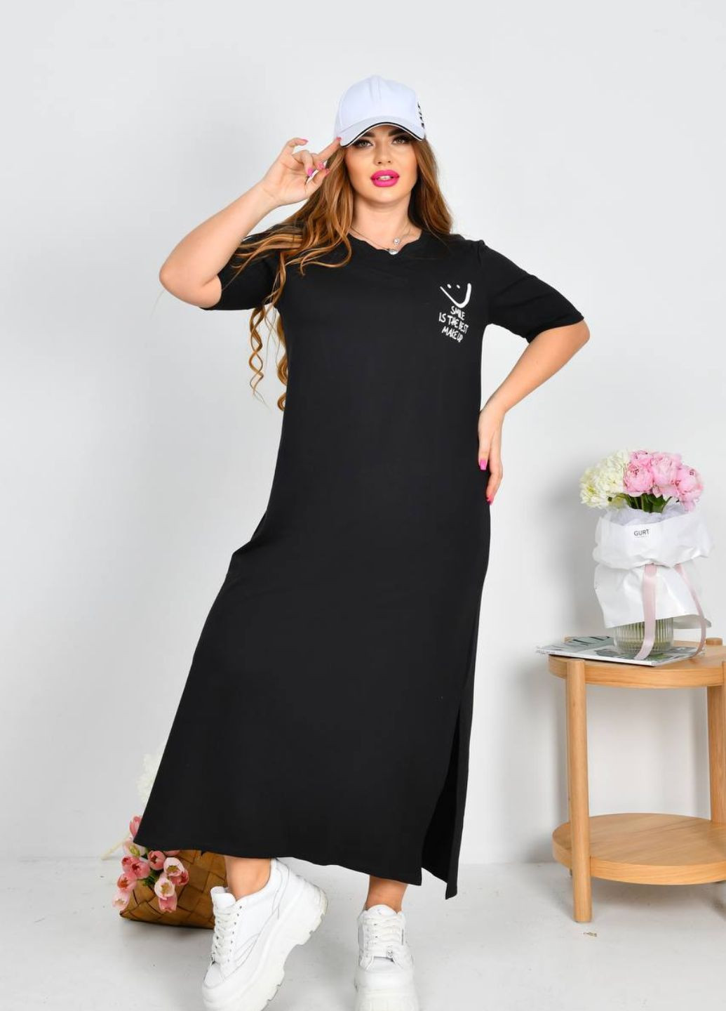 Черное повседневный однотонное платье-футболка с разрезами платье-футболка No Brand однотонное