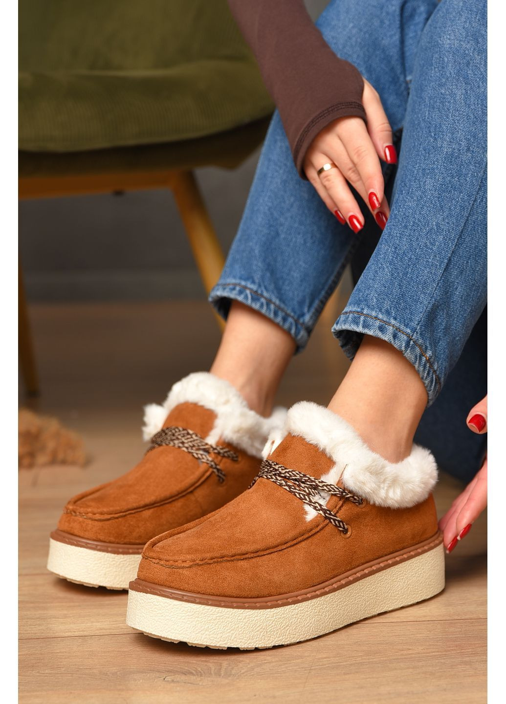 Let's Shop Лофери жіночі на хутрі світло-коричневого кольору лофери світло-коричневий з штучна замша, україна — зима (370268845)